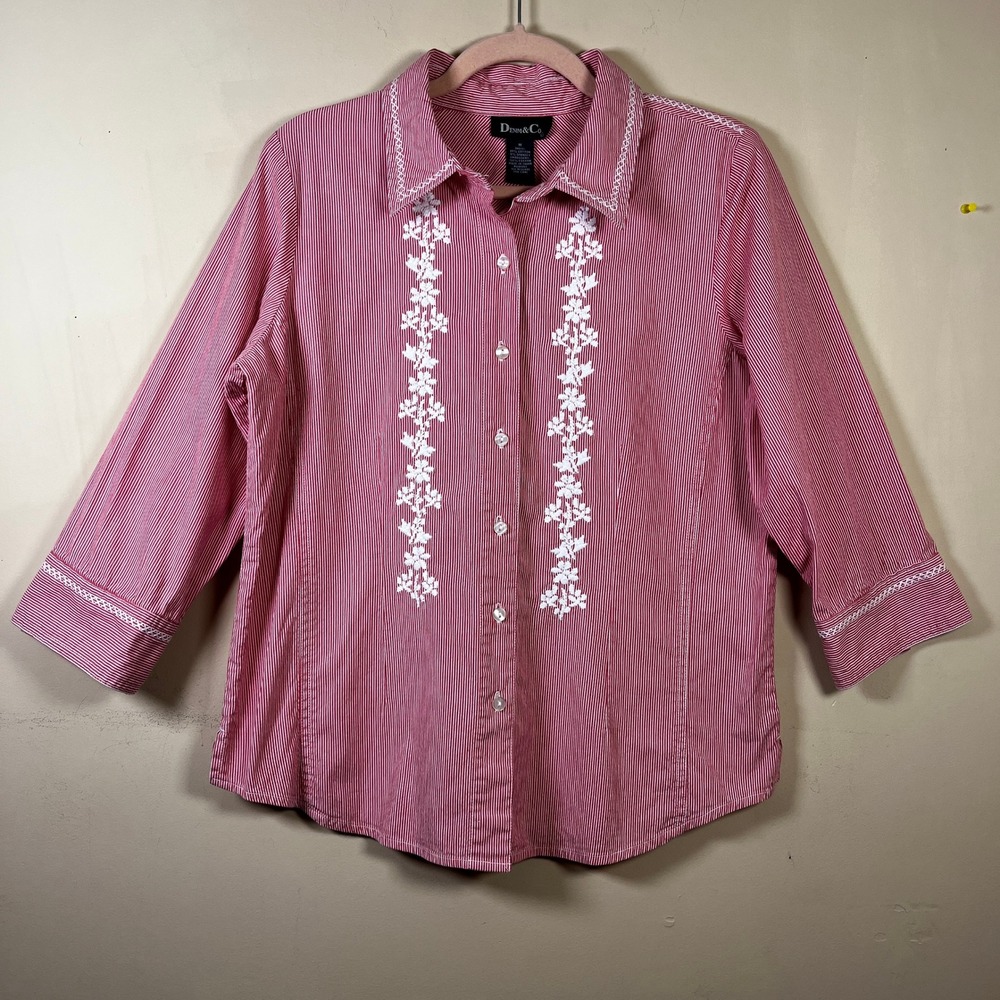 Vintage Denim & Co Red White Pinstripe Floral Embroidered‎ Shirt M